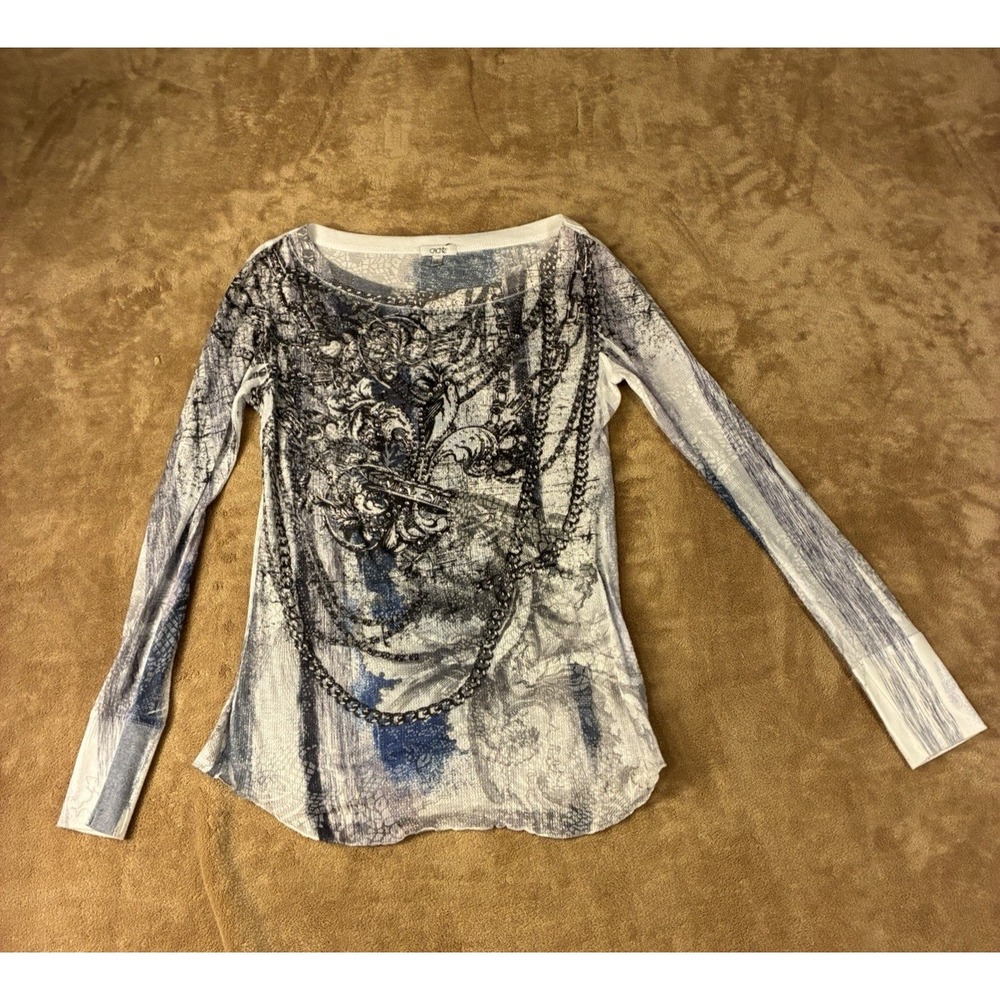 VTG Cache Womens Blue White Fleur De Lis Rhinestone Graphic Thermal Top L Y2K